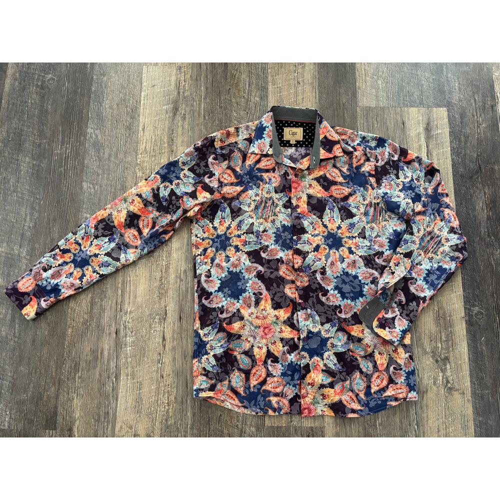 Cigar Couture Mens Paisley Floral‎ Button Down Shirt Long Sleeve Blue Orange M